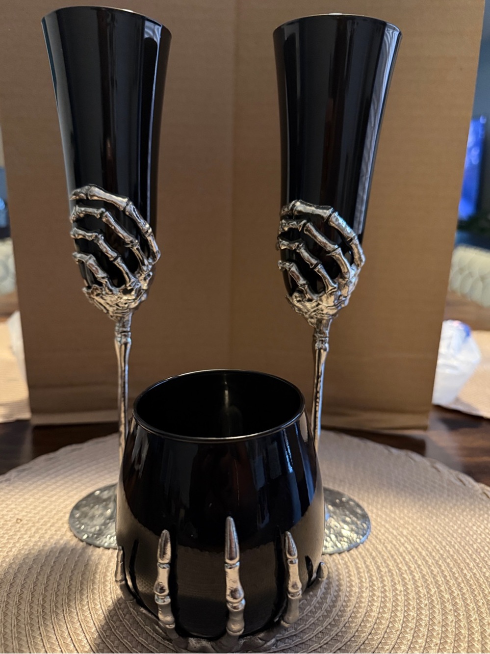 Black Wine Glassware Silver Metal Skeleton Hands Halloween Gothic HTF